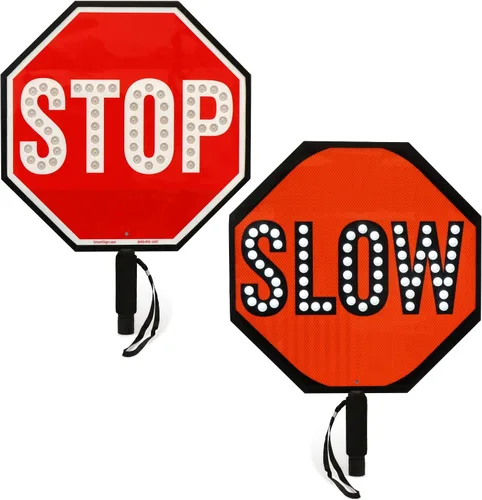 SmartSign Paleta LED STOP SLOW – Señal de parada lenta reflectante de mano con asa, 18 pulgadas de doble cara, modos de luz LED