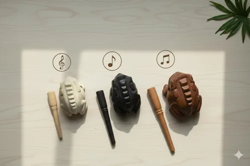 Miniatura 4 de Guiros Instrumentos de percusión Rana de madera 3 piezas Juego de 4 pulgadas, 3 pulgadas, 2.75 pulgadas, instrumento musical de rana de madera