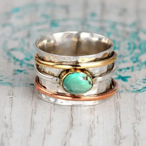 Miniatura 4 de Anillo giratorio turquesa de banda ancha para mujeres y niñas, anillo de múltiples capas antiestrés y bohemio, anillo envolvente de línea plateada