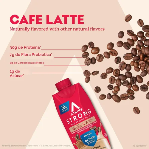 Miniatura 4 de Atkins - Batido Fuerte de Alta Proteína, Sabor Café Laté, 30g de Proteína, 7g de Fibra Prebiótica, Apoyo para la Salud Muscular y del Intestino