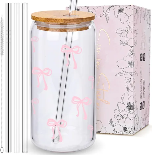 BIPEDS Coquette Tazas de vidrio lindas con moño rosa y tapas y pajitas, taza de café helado estética, taza de diseño preppy femenino, regalos de