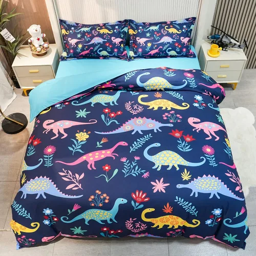 Juego de cama individual de dinosaurio, juego de cama de 3 piezas, 86 x 68 pulgadas, juego de funda de edredón para niños, adolescentes y niños, 1