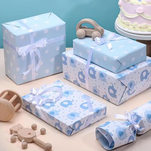 Miniatura 3 de woric Rollo de papel de regalo reversible para baby shower, de 17 pulgadas x 33 pies, papel de regalo para bebé niño con diseño de elefante azul