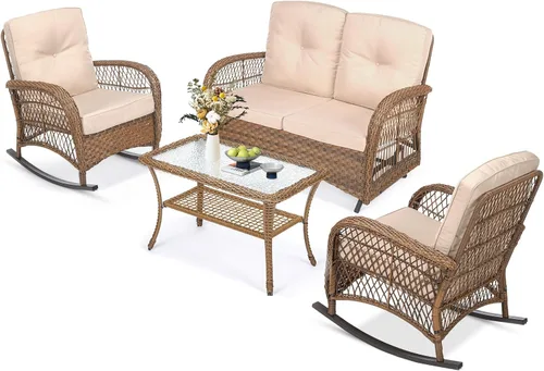 Miniatura 51 de MEETWARM Juego de 3 piezas de mimbre giratorio para patio al aire libre, mecedoras, juegos de muebles de patio de ratán con cojín grueso y mesa