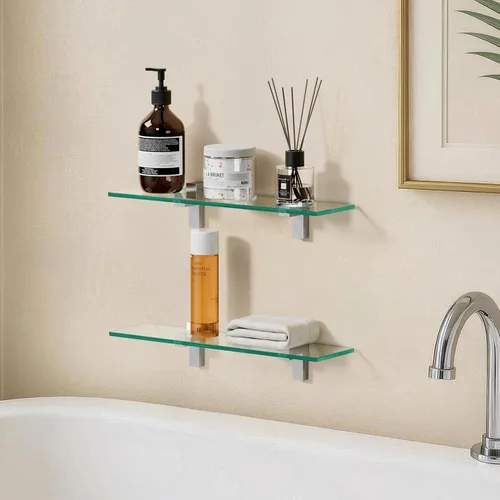 Miniatura 2 de KES Estante de vidrio para baño, estante de pared de baño de vidrio templado flotante rectangular de 16 pulgadas, soporte de níquel cepillado