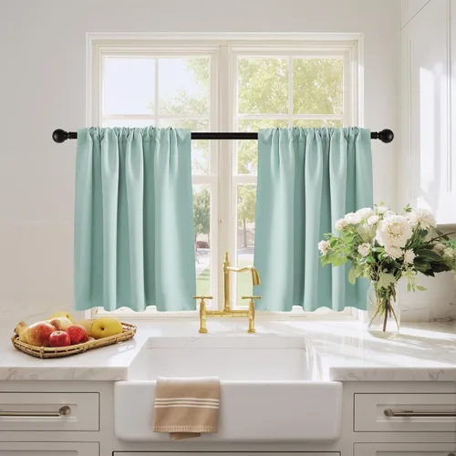 Miniatura 4 de PONY DANCE - Cortinas opacas pequeñas azul aguamarina para cocina, sobre fregadero, para caravana, con aislamiento térmico y bolsillo para barra, 2