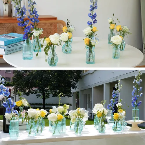 Miniatura 5 de Jarrones de Brotes a Granel 24, Jarrón de Vidrio Azul, Jarrones Pequeños para Flores, Jarrón Moderno de Vidrio Acanalado para Boda Florero de Azul