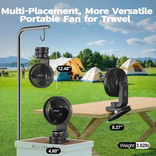 Miniatura 7 de AMACOOL Ventilador de campamento a pilas con luz, ventilador recargable de clip de 20000 mAh con gancho y pantalla digital, 112 horas