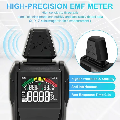 Miniatura 5 de Detector de radiación de medidor EMF, detector de EMF 5 en 1, detector de campo magnético y radiofrecuencia para humedad de temperatura EF MF RF