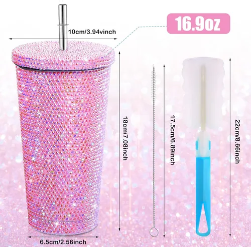 Miniatura 2 de Mimorou Botella de agua con purpurina y tapa, de acero inoxidable, con diseño de diamantes de imitación, con 1 cepillo para tazas, 6 cepillos