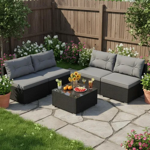 Miniatura 10 de Tangkula Juego de muebles de mimbre de patio de 7 piezas, juego de sofá modular de ratán para 6 personas con cojines de asiento y respaldo, 2 Azul