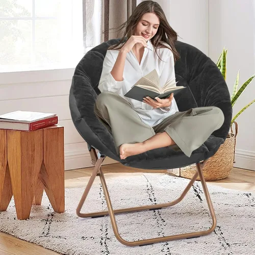 Silla redonda y cómoda, con marco de metal, acogedora silla plegable de piel sintética para adultos, silla Papasan Moon plegable para dormitorio,
