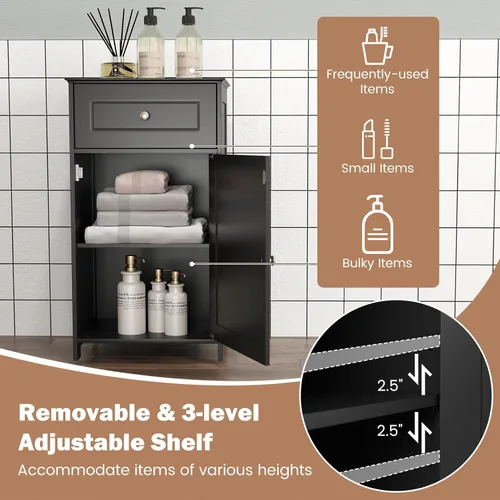 Miniatura 7 de GLACER Armario de suelo de baño, gabinete de almacenamiento lateral de una sola puerta con cajón, organizador de almacenamiento de madera para baño