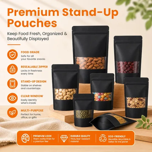Miniatura 7 de 100 bolsas de papel kraft negro con ventana, bolsas de pie de 3.5 x 5.5 pulgadas, bolsas de almacenamiento de alimentos para productos de embalaje