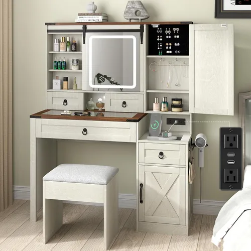Miniatura 11 de Farmhouse Makeup Vanity Desk with Sliding Mirror and Lights, 42 Wood Vanity Table Set with Glass Top, Power Outlets, Jewelry Storage Cabinet, 4