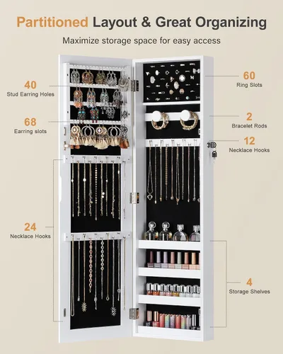 Miniatura 17 de Nicetree Armario de joyería con espejo, armario de joyería con espejo de longitud completa, espejo con almacenamiento de joyas montado
