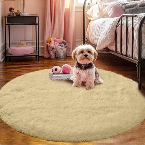 Miniatura 2 de Alfombra redonda beige para dormitorio: alfombra suave y esponjosa de 4 x 4 pies para sala de estar, alfombra redonda de felpa peluda