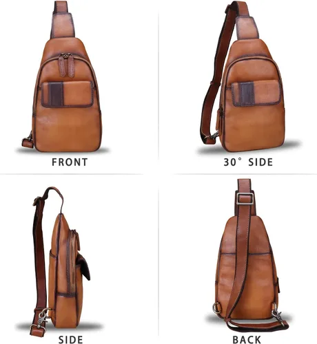 Miniatura 4 de LRTO Bolso bandolera de cuero genuino - Mochila de cuero hecha a mano para mujeres y hombres - Crossbody, bolsa de pecho