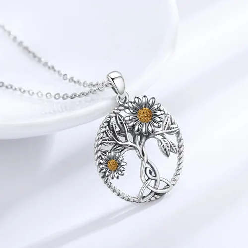 Miniatura 2 de CHENGHONG Collar de girasol de plata de ley 925, collar con colgante de árbol de la vida, margaritarosagirasol, joyería de girasol, regalos