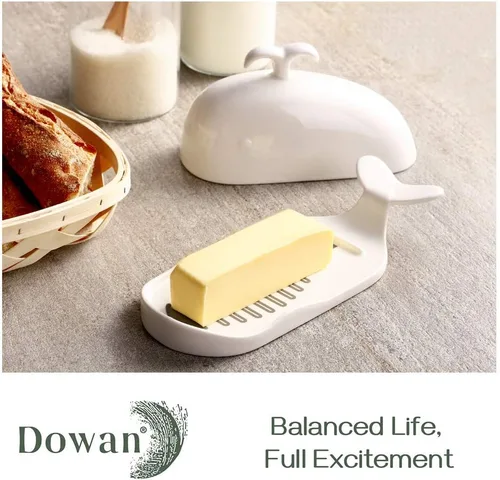 Miniatura 2 de DOWAN Mantequillera de Porcelana con Línea de Medición para Cortar, Mantequillera Grande con Forma de Ballena con Tapa de Diseño Antideslizante