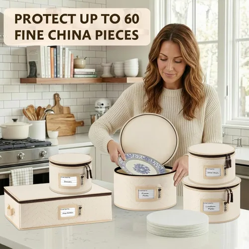 Miniatura 2 de Juego de 5 cajas de almacenamiento de China para vajilla, vasos, platos, tazas y platillos, organizador de platos resistente con divisores