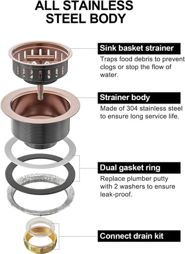 Miniatura 5 de BOTEMY B9171 Kit de drenaje de fregadero de cocina de cobre 3 1/2 colador para fregadero de cocina con colador de acero inoxidable, tapón de Cobre
