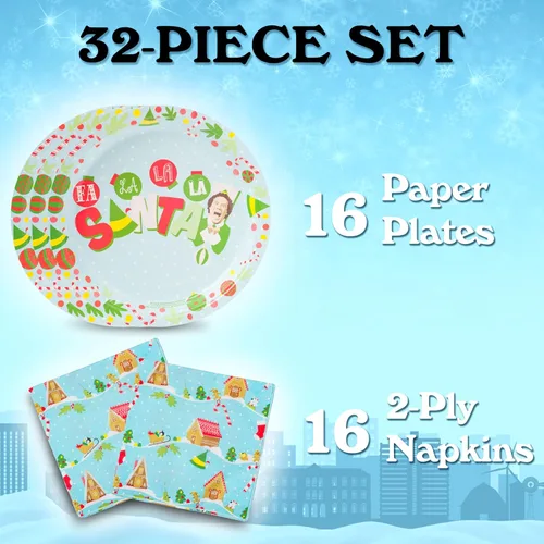 Miniatura 2 de Silver Buffalo Elf Buddy the Elf Fa La La Santa Snow Christmas - Paquete de 32 platos de papel desechables y servilletas para fiestas Buddy the Elf