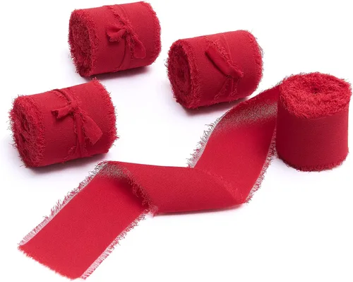 Miniatura 32 de 4 rollos de cinta de gasa de gasa con flecos de 1 pulgadas de ancho x 5 yardas, color rojo óxido, bordes deshilachados para invitaciones de boda