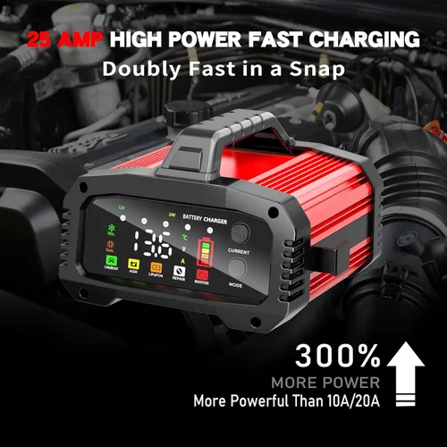 Miniatura 2 de Cargador de batería de coche 25A, 12V/24V LiFePO4 cargador de batería automotriz, cargador de goteo de amplificador ajustable con detección