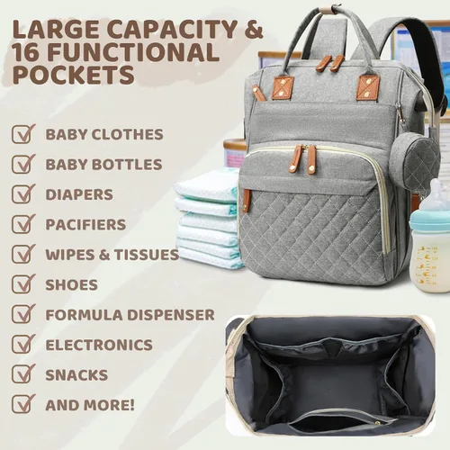 Miniatura 2 de Mochila de Pañales para Niñas y Niños: Mochila Gris para Pañales con Cambiador para Bebé, Mochila de Pañales para Mamá y Papá, Pañaleras para Bebé