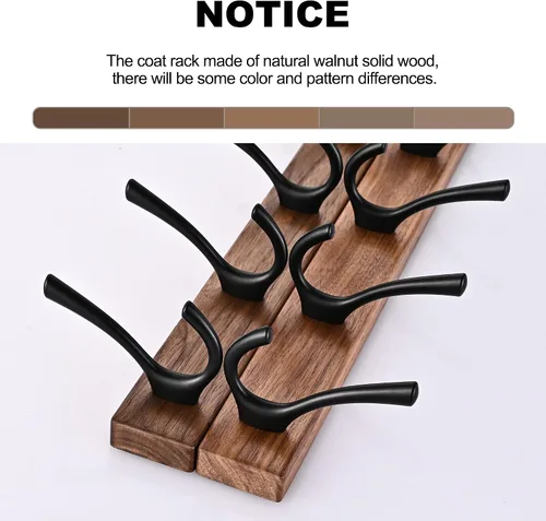 Miniatura 5 de Perchero de pared pequeño de madera de nogal de 17.3 pulgadas con 4 ganchos, colgador de chaquetas de madera resistente montado en puerta
