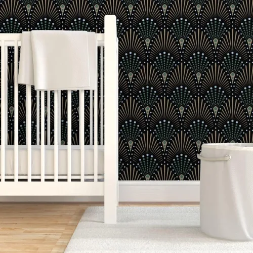 Miniatura 6 de Muestras de papel tapiz para despegar y pegar, ventilador Art Deco negro, verde, marrón, dorado, geométrico, puntos geométricos, papel tapiz