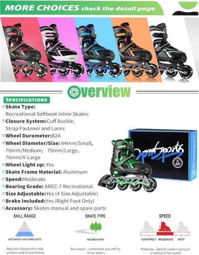 Miniatura 8 de 2PM SPORTS - Patines en línea ajustables Torinx verde para niños, patines divertidos para principiantes para niños, jóvenes, niñas, hombres