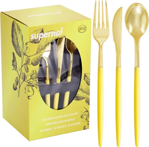 Miniatura 17 de Supernal 102 cubiertos de plástico dorados, cubiertos dorados con mango negro, colección de cubiertos desechables, incluye 34 tenedores de plástico