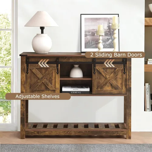 Miniatura 4 de Mesa de entrada de estilo granja con puertas corredizas de granero, mesa consola de madera con estante de almacenamiento, mesa de sofá rústica