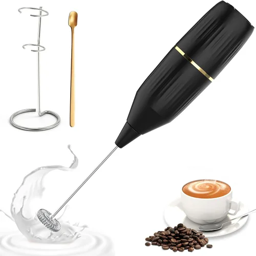 Homexup Espumador de leche de mano de 14,000 rpm, mezclador de bebidas con soporte y cuchara agitadora, funcionamiento silencioso con un botón,