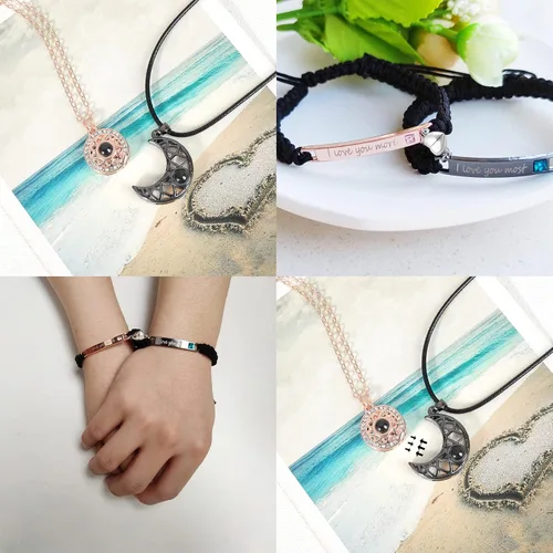 Miniatura 5 de Collar de pareja a juego con sol y luna para él y ella, collar "I Love You", 100 idiomas para parejas y mejores amigos, regalo de Navidad 2023