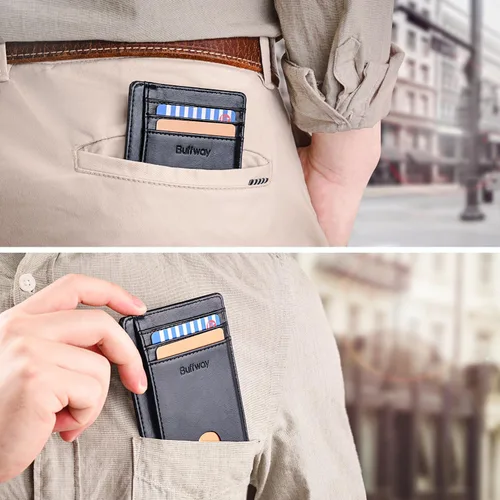 Miniatura 6 de Buffway - Billetera delgada minimalista de cuero con protección RFID para hombre y mujer