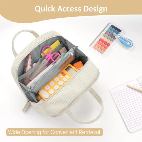 Miniatura 5 de Sooez Estuche grande para lápices, extra grande con 5 compartimentos, bolsa para bolígrafos de amplia apertura, organizador de pana suave con Beige