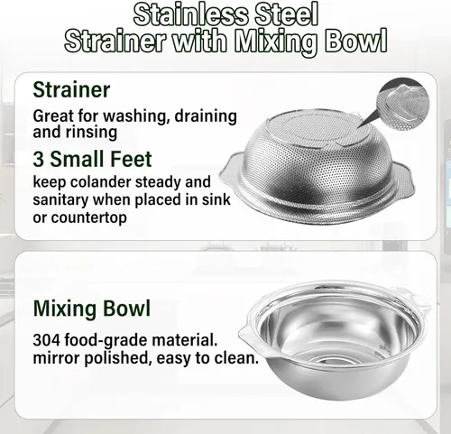 Miniatura 3 de Colador de acero inoxidable para cocina, colador de arroz de 2.5 cuartos con tazón para mezclar, juego de cuencos coladores con microporoso