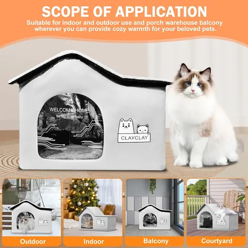 Miniatura 6 de Casa térmica para gatos para mascotas exteriores en invierno, refugio de invierno para gatos y perros pequeños con almohadilla térmica, casa térmica