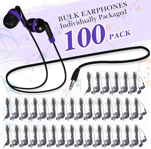 Miniatura 2 de Kanayu Paquete de 100 auriculares con cable a granel para aula, auriculares básicos para estudiantes, sin micrófono, con conector de 0.138 in