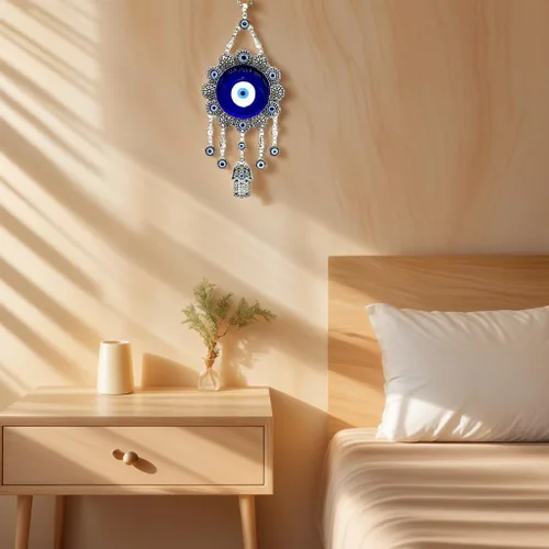 Miniatura 6 de Adorno para colgar en la pared con protección contra el mal de ojo azul con Hamsa para colgar en la pared, diseño de girasol