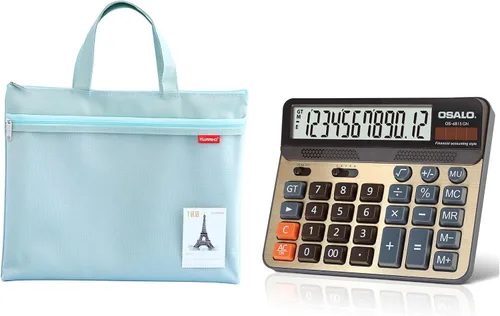 Calculadora de escritorio y bolsa impermeable con cremallera de malla, batería de 12 dígitos, pantalla LCD con energía solar, calculadora de botón