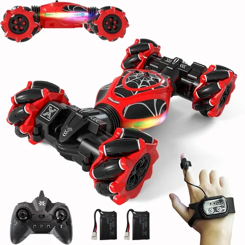 Gesture Coche RC Rojo, 1:24 Alta Velocidad 4WD Coche de Acrobacias Transformable con Gestos y Control Remoto, Vehículo de Deriva con Rotación 360°
