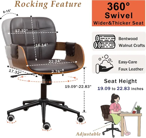 Miniatura 2 de Silla de escritorio de oficina en casa con ruedas giratorias, artesanía de nogal, respaldo y brazos curvos ergonómicos, piel sintética, altura
