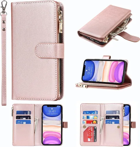 Miniatura 10 de Funda tipo cartera compatible con iPhone 11, piel sintética azul de 6.1 pulgadas, PC, funda delgada de TPU con 9 ranuras para tarjetas, bolsillo