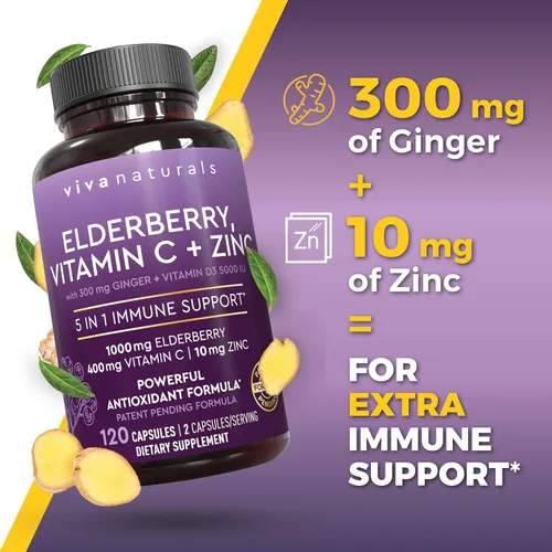Miniatura 6 de Viva Naturals Saúco con vitamina C y zinc para adultos - 5 en 1 Cápsulas de saúco negro Sambucus con vitamina D3 5000 UI Suplemento de inmunidad