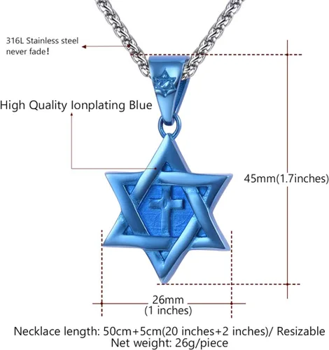 Miniatura 10 de U7 - Collar con Estrella de David para hombres y mujeres, dije hexagonal de acero inoxidable con cruz/piedra de rubí/collares clásicos judíos
