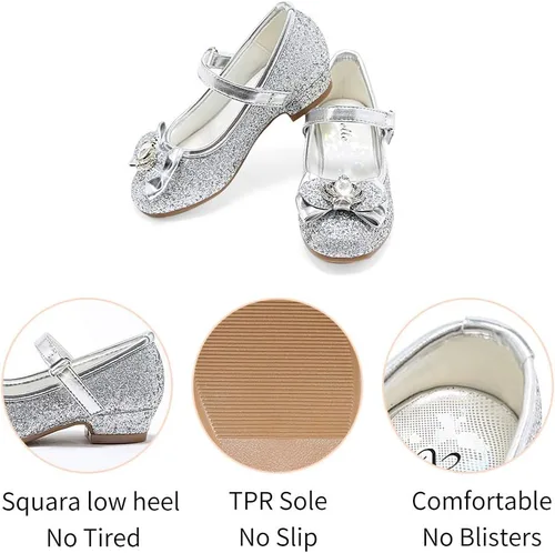 Miniatura 5 de Stelle - Zapatos de vestir para niñas pequeñas, zapatos de princesa con purpurina y flores, tacón bajo estilo Mary Jane, ideales para fiestas y bodas